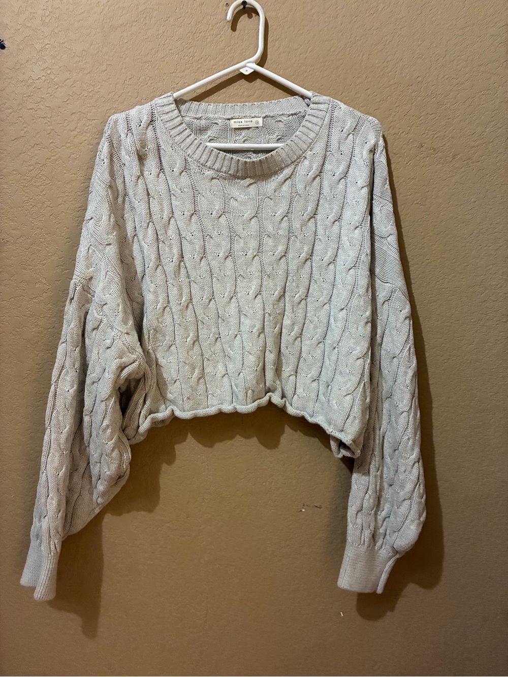 Crochet Cable Knit Crewneck Sweater in Cream